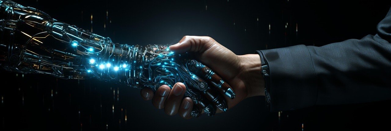Human And Humanoid Robot Shaking Hands With Ethical Balance Icons