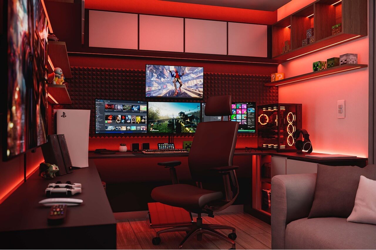 Futuristic Gaming Setup Showing Console Vr Headset And Immersive Environment
